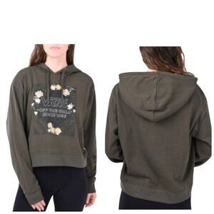 Vans Women’s Olive Green Floral Cropped Long Sleeve Hoodie Pullover Sweater L